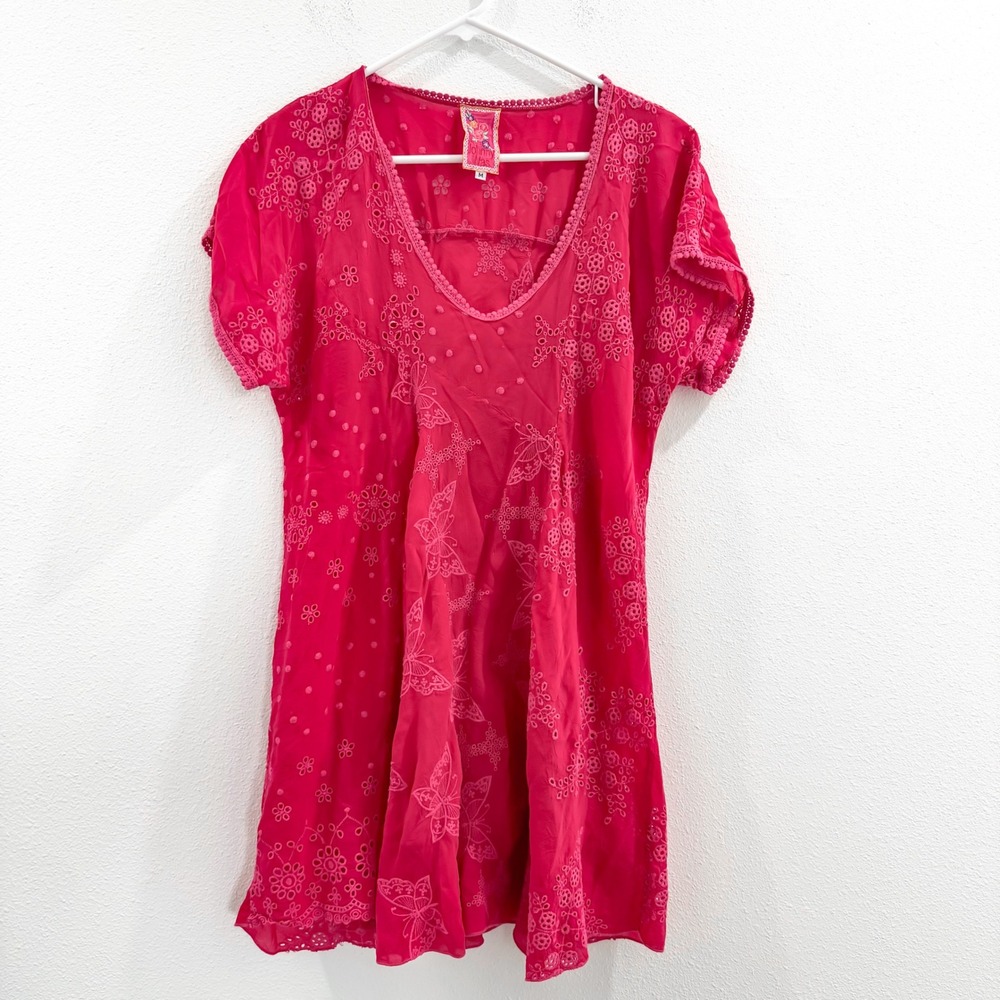 Johnny Was Pink Floral Boho Lace Indie Dress Tunic‎ Beach Cover-Up M